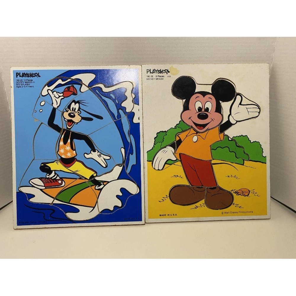 Vintage Playskool Wooden Puzzle Disney Mickey Mouse & Goofy Lot Of 2 From 1980s‎